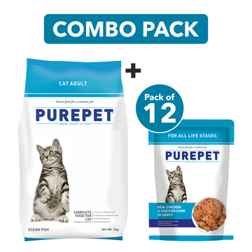 Purepet Ocean Fish Adult Cat Dry Food 3KG + Purepet Chicken & Chicken Liver Gravy 70 G (Pack Of 12) Combo